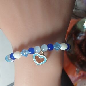 Blue and White Beaded Bracelet with Heart Charm